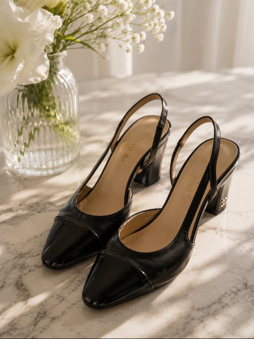 CHANEL Black Leather & Patent Cap Toe Slingback Pumps 36.5 Made in Italy